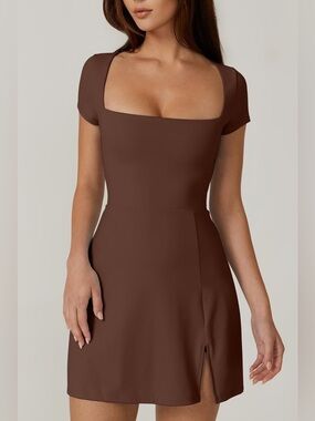 Qinsen Short Brown Dress Square Neckline Size L Nylon Spandex Flattering Fitted
